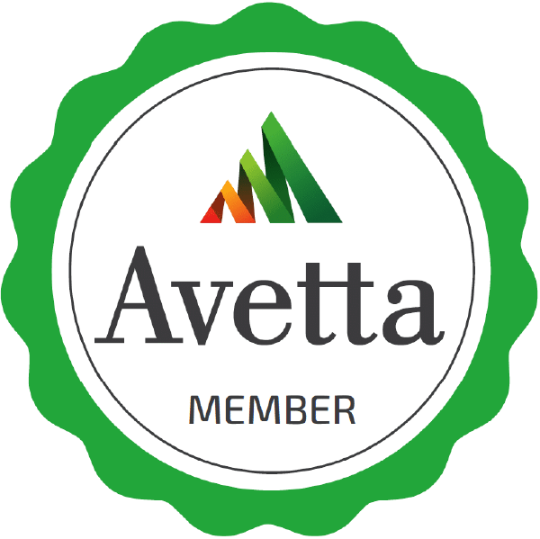 Circular badge with a green scalloped edge. Inside, it displays a triangular multicolored logo above the word Avetta in large text and Member in smaller text below.