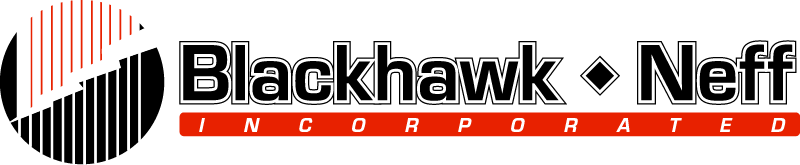 Logo with a black and red circular design on the left, followed by the text Blackhawk Neff in bold black letters and INCORPORATED in white letters on a red bar below.