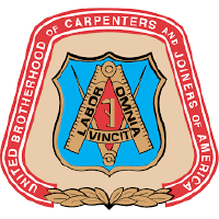 Logo of the United Brotherhood of Carpenters and Joiners of America, featuring a shield with a compass and square, the words “LABOR OMNIA VINCIT,” and a red border with the organization’s name.