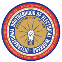 A circular emblem for the International Brotherhood of Electrical Workers features a raised fist holding lightning bolts, with blue, red, and gold borders and text highlighting its founding date and union affiliations.