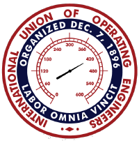 Circular logo with a gauge in the center, reading numbers from 0 to 600. Surrounding text: “International Union of Operating Engineers, Organized Dec. 7, 1896, Labor Omnia Vincit.” Colors are red, white, and blue.