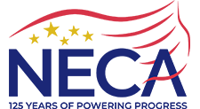 NECA logo with five yellow stars and red swooshes above the blue letters NECA. Text below reads 125 Years of Powering Progress.