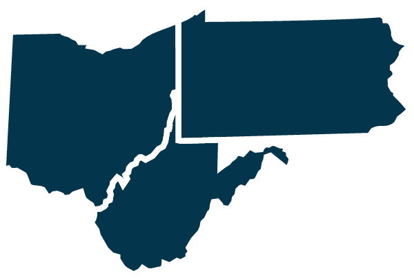 A simplified map outline showing the US states of Ohio, Pennsylvania, and West Virginia in dark blue, arranged with Ohio on the left, Pennsylvania on top, and West Virginia below.